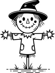 Whimsical hand drawn scarecrow character with witch hat standing in grassy field artistic sketch style autumn season