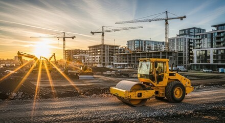 Sunrise Over Busy Construction Site With Heavy Machinery