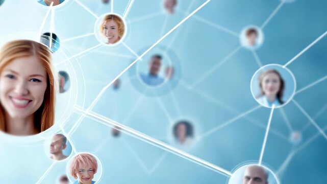 Diverse group of smiling people connected through digital network visualization, representing interconnected communication platforms with white connecting lines against blue background