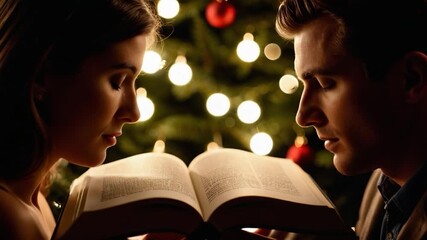 A couple reads together in front of a decorated Christmas tree, perfect for holiday scenes or family moments - Powered by Adobe