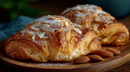 Golden Almond Croissants: A culinary delight showcases two freshly baked, golden croissants, adorned with delicate almond slices, presented on a rustic wooden platter.