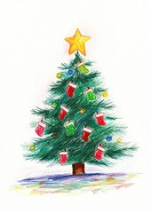 Fototapeta premium Christmas tree decorated in red illustration stockings star.