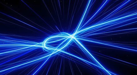 Abstract glowing blue light trails radiating from a central point in darkness