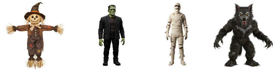 Frankenstein&rsquo;s monster, Scarecrow, Mummy, Werewolf on transparent background