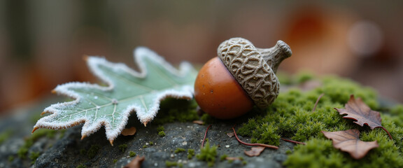 Acorn resting on mossy rock beside oak leaf in autumn forest  