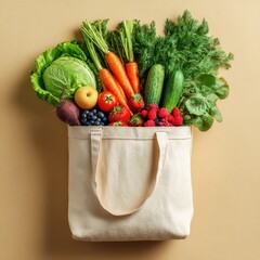 Reusable canvas tote bag overflowing with fresh organic vegetables, fruits, and berries on a beige background.