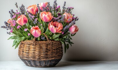 A bouquet of peach and pink tulips, lavender, and small flowers in a wicker basket
