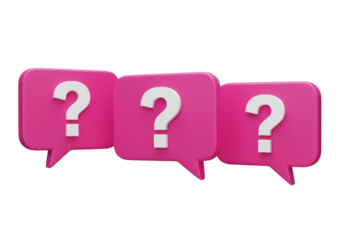 Isolated 3D chat bubbles feature white question marks, conveying uncertainty or curiosity