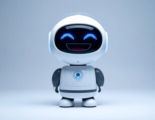 A small robot with a white LED face, gleefully showing a laughing expression amid a lively background.