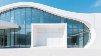 Modern white building with curved glass facade and minimalist design under clear blue sky