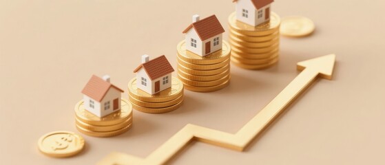 Miniature houses stacked on coins with an upward arrow, symbolizing rising property values and real estate investment growth.