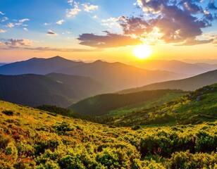 Obraz premium Radiant Sunset Over Mountain Range with Green Hillside and Dramatic Sky