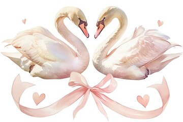 Coquette christmas swans illustration watercolor ribbon.