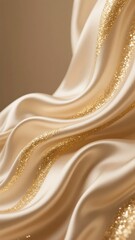 Golden glitter accents on flowing beige satin fabric with soft folds and elegant draping
