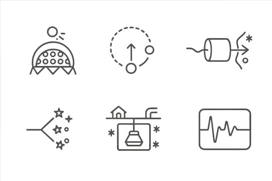Astrophysics Icon Set. Line style icons of astrophysics: neutrino observatory, dark matter search, axion detection, WIMP