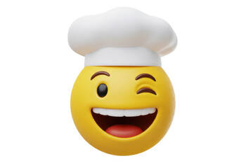 Isolated emoji wearing chef hat, winking, big toothy grin, professional cook, culinary arts