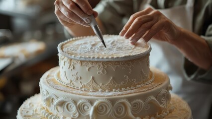 Hands decorating a tiered cake