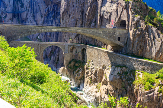 The Devil's Bridge (Teufelsbrucke) over of Schollenen Gorge (Schollenenschlucht) near Andermatt, Switzerland
