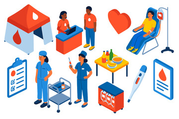 Blood Donation Drive Icons. Isometric vector illustration set Blood drive event: donation tent, registration desk, volunteer staff