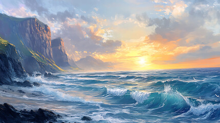 Fototapeta premium Sunset over coastal cliffs with ocean waves crashing beautifully high resolution picture