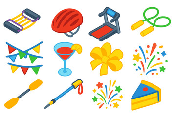 Active Celebrations Icons. Isometric vector illustration set of active living and celebration themes: resistance bands, cycling