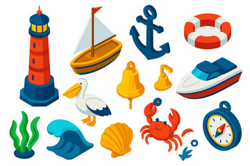 Nautical Isometric Icons. Isometric vector illustration set of lighthouse, boat, anchor, and sea elements: tall lighthouse, wooden