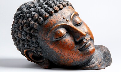 A bronze-toned Buddha head sculpture, serene and peaceful