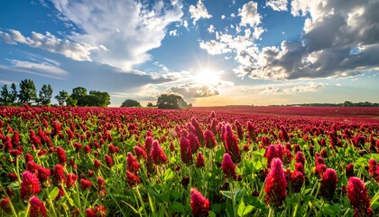 Red clover field at sunset