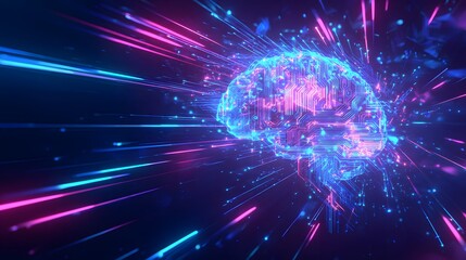 Obraz premium Futuristic digital illustration of a glowing human brain with AI circuits