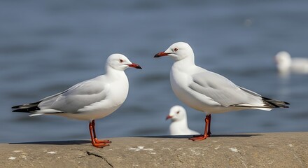 Seagulls on a concrete ledge near the water.