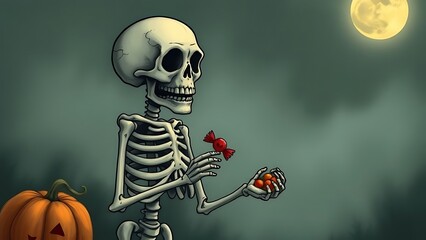 Spooky treat time: A grinning skeleton holding candy under the eerie glow of a full moon. In this spooky cartoon-style art, a carved pumpkin rests nearby, enhancing the festive ambiance.