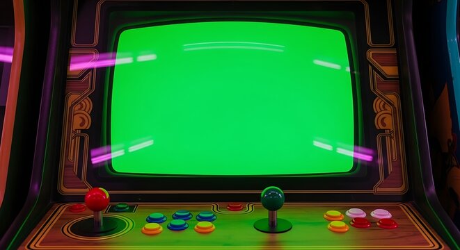 Retro Arcade Game Machine Green Screen.