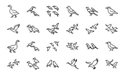 Collection of Bird Silhouettes in Line Art Style – Flying Birds, Pairs of Birds, Flocks, and Individual Bird Icons on White Background