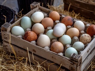 Rustic wooden crate filled with colorful, speckled, fresh organic chicken eggs on a bed of hay.
