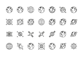 Earth globe and satellite icons representing global connection isolated on white background