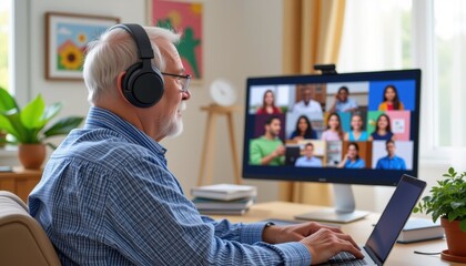 Senior Educator Engaged in Online Learning from Home Office Utilizing Technology for Remote Work Collaboration