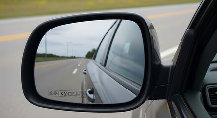 View from car side mirror showing road and landscape.