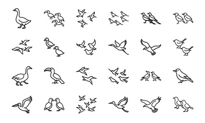 Collection of Bird Silhouettes in Line Art Style – Flying Birds, Pairs of Birds, Flocks, and Individual Bird Icons on White Background