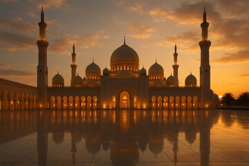 Mosque Exterior at Sunset – Golden Hour Reflection