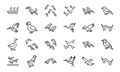 Collection of Bird Silhouettes in Line Art Style – Flying Birds, Pairs of Birds, Flocks, and Individual Bird Icons on White Background