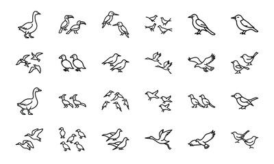 Collection of Bird Silhouettes in Line Art Style – Flying Birds, Pairs of Birds, Flocks, and Individual Bird Icons on White Background