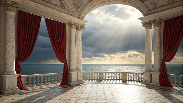 Elegant balcony overlooking a dramatic ocean sunset