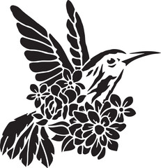 Hummingbird and Floral Design Black and White Silhouette Illustration