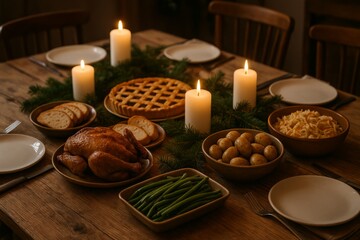 Holiday dinner table setting shows food, plates, candles and green fir branches centered on wood surface ready for eating.
