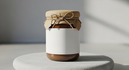 Mockup of a jar with a blank label on a white marble surface, featuring a brown lid and twine, against a clean white background with natural light.