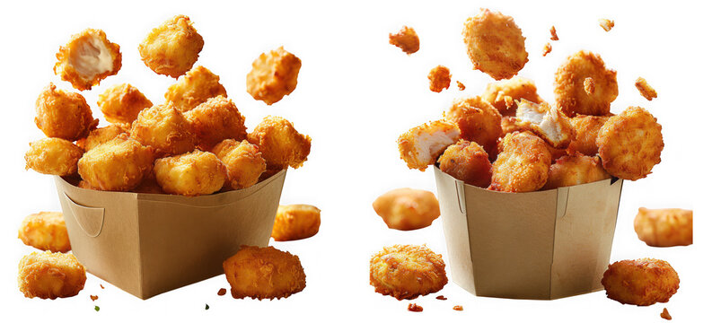 Crispy chicken popcorn in paper container isolated on transparent background, showcasing golden brown coating and bite size pieces, ideal for fast food or snack concepts