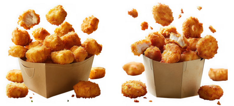 Crispy chicken popcorn in paper container isolated on transparent background, showcasing golden brown coating and bite size pieces, ideal for fast food or snack concepts