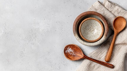 On a clean white table, nested ceramic bowls and wooden spoons create a neat, organized display. A sprinkle of salt adds a touch of detail, enhancing the kitchen's aesthetic.
