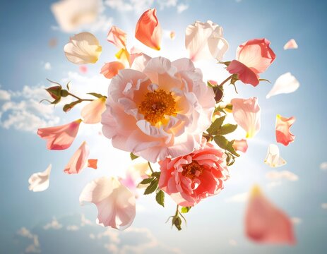 A beautiful bouquet of pink and white roses exploding outwards against a bright blue sky with fluffy clouds.