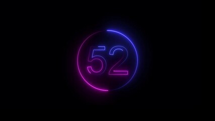 Glowing Neon 52 Countdown Timer Icon. Cyber Neon 52 Progress Number Bright glowing Energy Light Effect on black background.